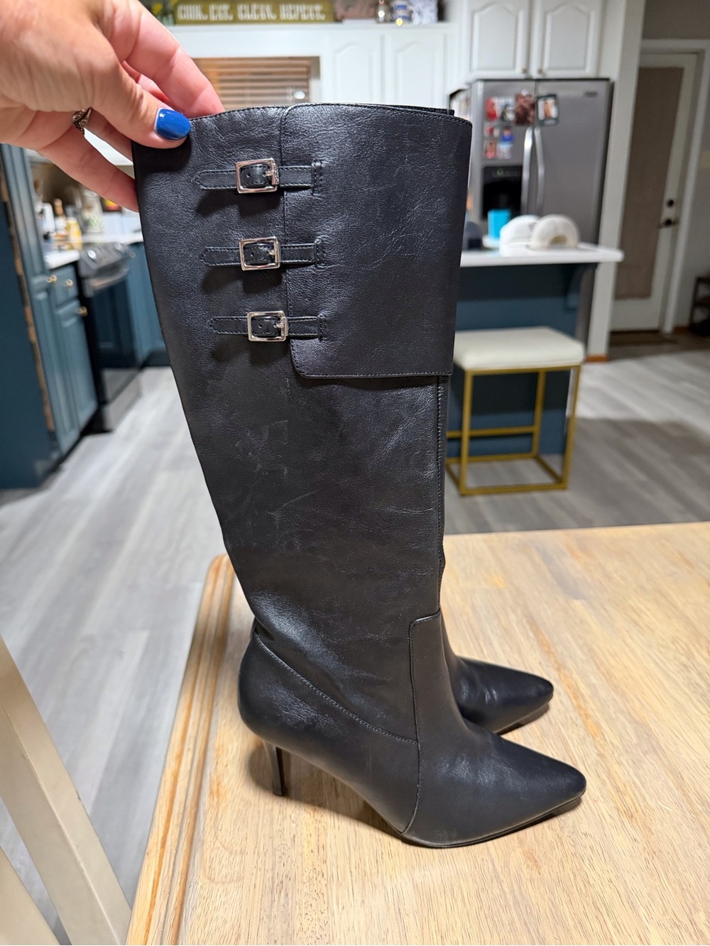 Lauren Ralph Lauren Jenson Black Leather Knee High Buckle Pointed Toe Boots